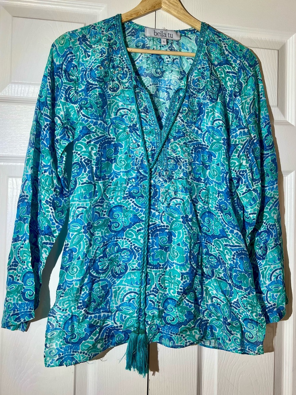 Bella Tu Embellished V-Neck Tunic in Blue & Teal